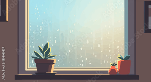 Potted plants sit on a windowsill overlooking a rain-streaked window with warm light filtering through