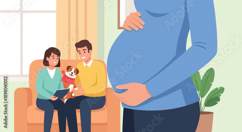 Pregnant woman cradling belly, couple and dog relaxing on sofa indoors