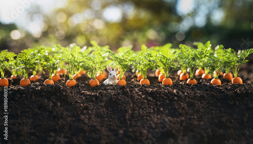 Whimsical miniature carrot garden with tiny white bunny figurine nestled among vibrant orange vegetables in rich dark soil
