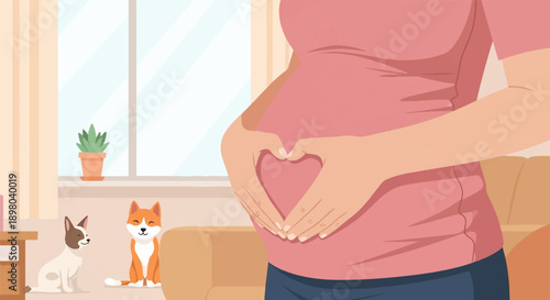 Pregnant woman holding belly forming heart shape with hands, with two dogs nearby