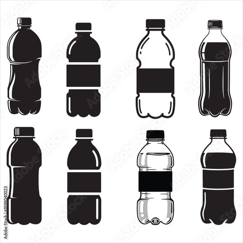 Set of plastic bottles in various styles and states  full and empty  with labels