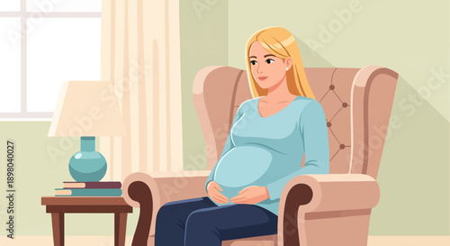 Pregnant woman sits in a plush armchair next to a side table with a lamp and books