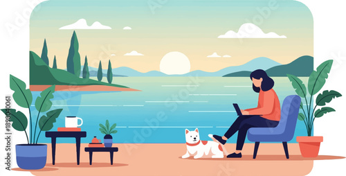 Person working on laptop by lake with dog and plants