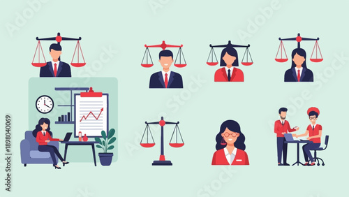 Professional figures in suits with weighing scales represent justice, law, and business acumen