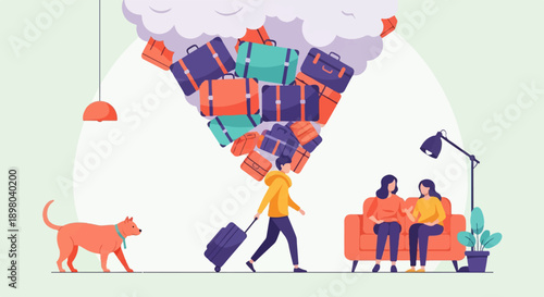 Person with rolling luggage walks past dog while two women sit on couch