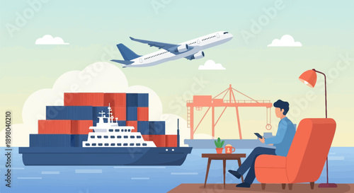 Person with phone watches airplane and cargo ship from armchair by sea