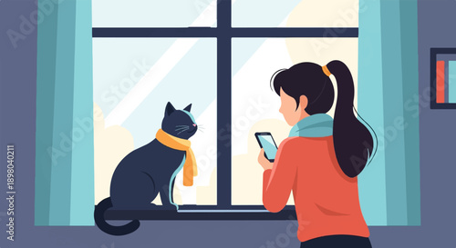 Person with phone photographing a cat wearing a scarf by the window