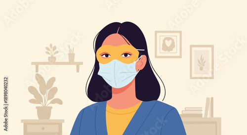 Person with mask and eye mask indoors, near plants and decor