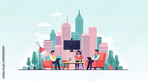 People working together in a modern office with a city skyline background