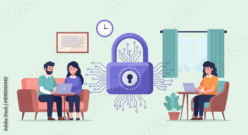 People working with laptops around a digital security padlock icon