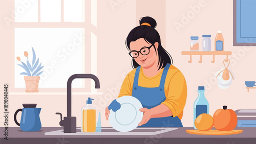 Person with Down syndrome washing dishes in a cozy kitchen