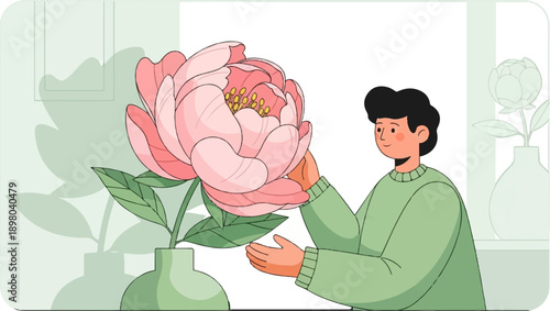 Person admiring a large pink peony in a vase indoors