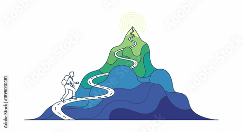 Flat Design Illustration of a Person Ascending a Vibrant Layered Mountain Path Towards a Radiating Goal