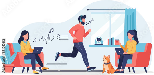 People working on laptops while a man jogs and listens to music with a dog
