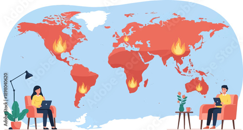 People working on laptops while planet Earth faces global fires and heat