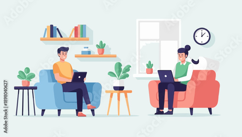 People working on laptops while relaxing on couches in a room