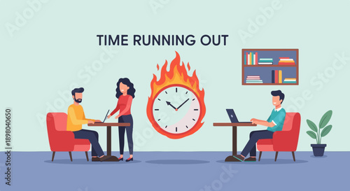 People working on laptops with a clock on fire in the background