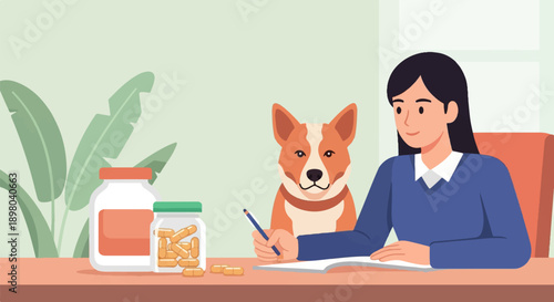 Person and dog by desk with supplements and plants