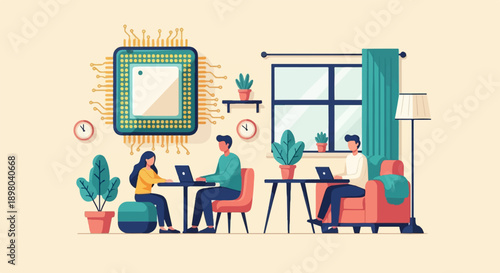 People working on laptops with a large computer chip illustration