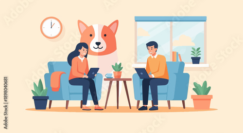 People working on laptops with a dog illustration in a cozy room