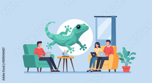 People working on laptops with a gecko floating in a circle above