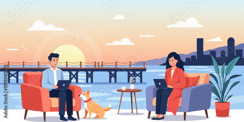 People working on laptops with dog by the water at sunset