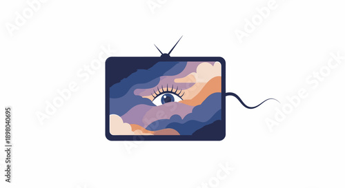 Abstract Eye Emerging from Stylized Clouds on a Vintage Television Screen