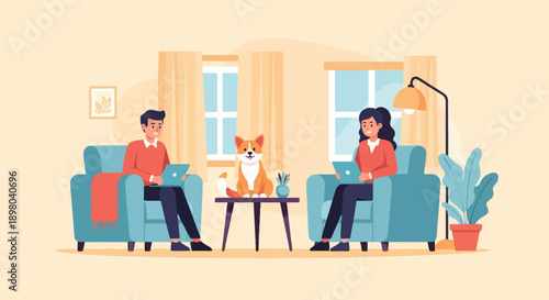 People working on laptops with dog in a cozy living room