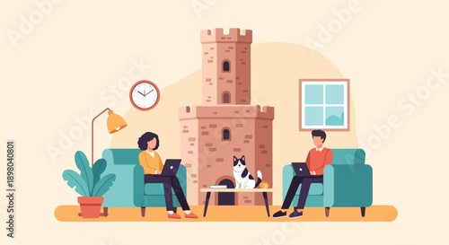 People working on laptops near a fireplace with a cat