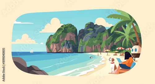 Person with dog relaxes on tropical beach by turquoise sea with sailboats