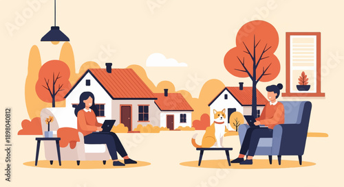 People working remotely from home with pets and autumn scenery