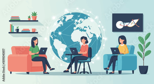 People working remotely connected globally with digital network and data visualization