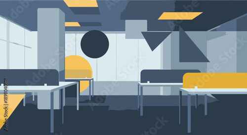 Modern Geometric Office Interior Vector Illustration with Abstract Shapes and Empty Workspaces in Blue and Yellow Tones