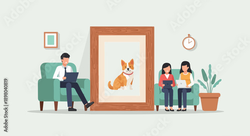 People working on laptops near a dog portrait in a cozy room