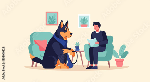 Person and dog in chairs with plants and art on the wall