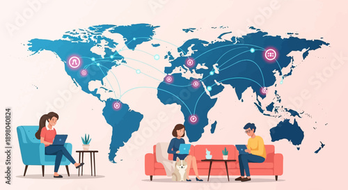 People working remotely connected globally via world map network