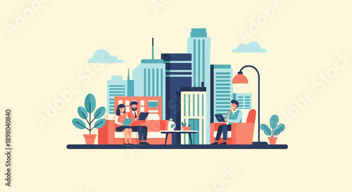 People working remotely in a city with modern buildings and plants