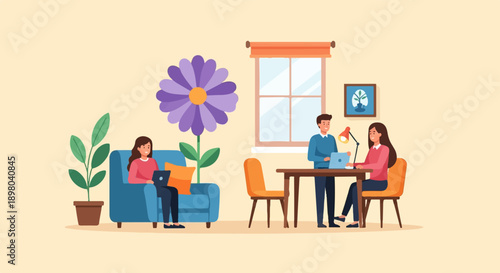 People working remotely in a bright, modern living room