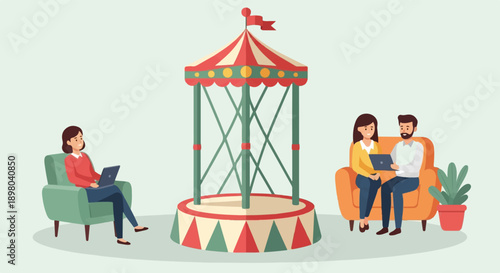 People working on laptops near a colorful carousel structure in a bright, simple setting