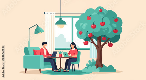 People working remotely in a cozy room with a fruit tree outside