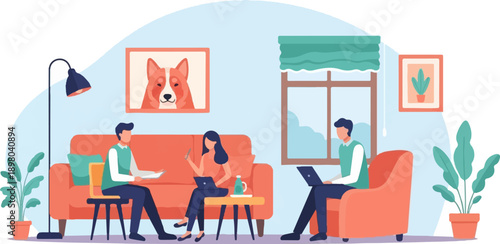 People working remotely in a modern living room with plants