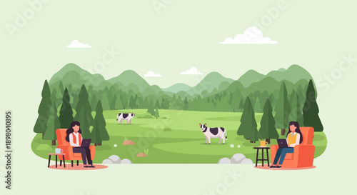 People working remotely in a peaceful green landscape with cows