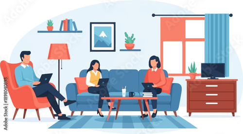 People working remotely in a living room with laptops, couch, and window