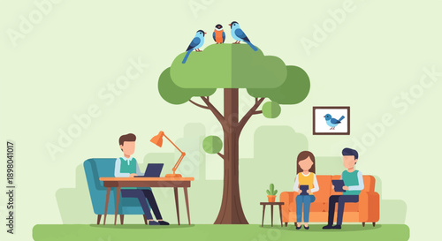 People working remotely near a tree with birds, in a relaxed outdoor setting