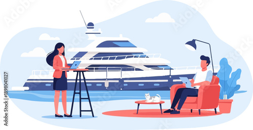 People working remotely on a yacht