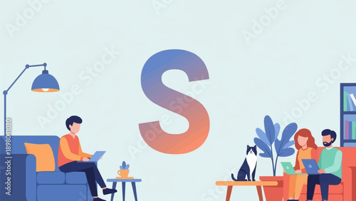 People working remotely on laptops at home with a large letter S