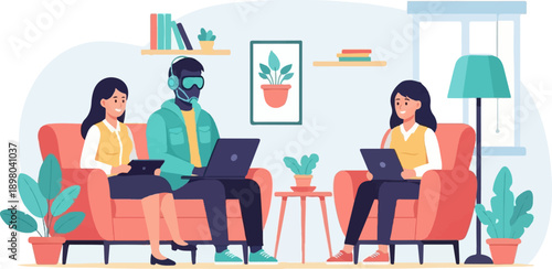 People working remotely on laptops in a cozy home environment with plants