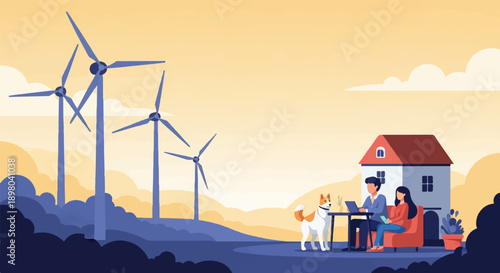 People working remotely near wind turbines and a house with a dog