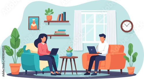 People working remotely on laptops in a cozy living room (1)