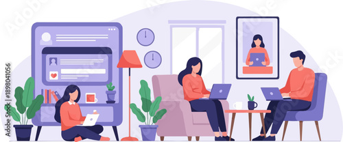 People working remotely on laptops in a cozy living room with plants and artwork